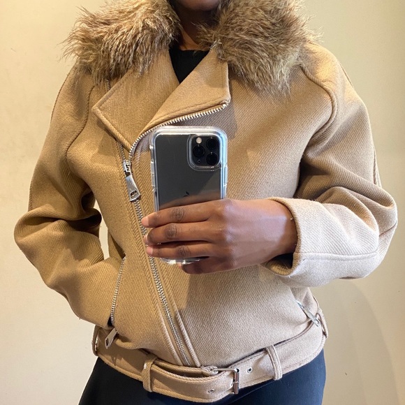 H&M Caramel Long Biker Jacket with Faux Fur - Picture 3 of 4